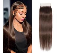 4 x 4 Closure Human Hair brasiliano Chocolate Brown Color Trasparente Lace 180% Density Pre-Plucked Hairline Baby Hair Free Part & Silky Straight 18 pollici