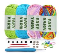 4 x 50 g di Filato Easy Yarn per Principianti, Cotone per Uncinetto con Accessori, Facile da Riconoscere, Senza Filo