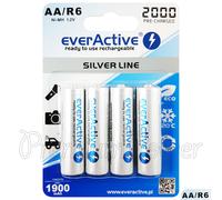 everActive Batteria AA 2000 mAh, 4 pezzi, NI-MH, Mignon R6, ricaricabile, precaricata, Silver Line 1,2 V, 1 blister, argento, EHRL6-2000