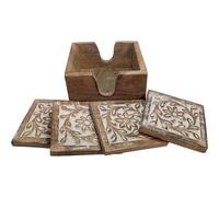4 X Indiano Legno Scolpito Mano Sottobicchiere Set Fiera Trade Set 9 CM Quadrato