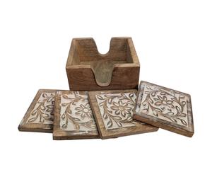 4 X Indiano Legno Scolpito Mano Sottobicchiere Set Fiera Trade Set 9 CM Quadrato