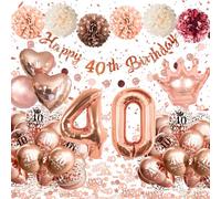 40 Anni Compleanno Donna,Palloncini 40 Anni Compleanno Oro Rosa, Decorazioni Compleanno 40 Anni con Palloncini Cuori e Corone, Striscione Happy 40th Birthday, Pompon di Carta, Decorazioni Festa Donna