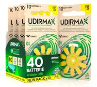 40 Batterie per Apparecchi Acustici Misura 10 Udirmax Pile PR70 Gialle Zinco-Aria con Tecnologia Dynamic Sonar Eco Pack - 4 Blister Ecologici da 10 Pile