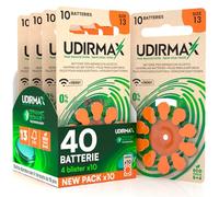40 Batterie per Apparecchi Acustici Misura 13 PR48 Arancioni - Udirmax Pile Zinco-Aria 0% Mercurio 1,45V con Dynamic Sonar Technology - Eco Pack 4 Blister Ecologici da 10 Pile