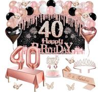 40° compleanno donna decorazione 49 pezzi nero rosa oro nero striscioni tovaglia, decorazione farfalla 40° compleanno sash e tiara, topper per torte, candele, palloncini fiocco