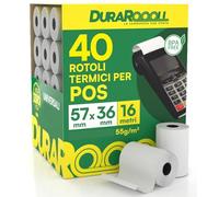 40 Rotoli Carta per POS 57x36 Rotolini Termici DuraRoooll - Rulli Carta Termica 16m Compatibile con Nexi SumUp Pax Axerve Ingenico Smart POS - Rullini per Scontrini Ricevute Bancomat Carte di Credito