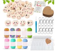 40 sfere di legno con viso, perle di legno naturale con viso da 20 mm, per fai da te, crochet, accessori per la cura, 4 varianti di stile con cordoncino, portachiavi, sacchetto in organza, ciondolo
