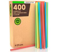 400 Cannucce Colorate Rigide per Cocktail 100% Ecologiche e Riutilizzabili - Cannucce Lunghe 21 cm x 6,8 mm Biodegradabili e Compostabili - Made in Italy - per Bevande Eventi Feste