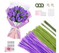 400 Pezzi Scovolini Colorati per Lavoretti, con Carta Adesiva per Fiori, Istruzioni, Carta da Imballaggio, Stick Hot Melt, per Bouquet di Tulipani Fai da Te Bastone Decorativo in ciniglia (Viola)