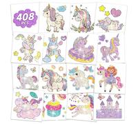 408 tatuaggi temporanei per bambini per ragazze e feste, con glitter per bambini, tema unicorno, decorazioni per feste di compleanno per bambini