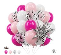 41 palloncini di compleanno veloci per ragazze, kit di palloncini a tema auto da corsa con rosa polverosa, rosa, coriandoli neri e palloncini bianchi, 55,9 cm a scacchi che esplodono a forma di stella