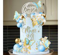 41 pezzi decorazioni per torta celeste e bianca, farfalle blu, decorazioni per torta in acrilico con scritta "Buon Compleanno", fiori di margherita artificiali, adatte per matrimoni, battesimi, comple