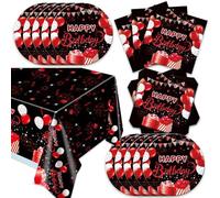 41 pezzi nero e rosso, include 20 piatti, 20 tovaglioli e 1 tovaglia, utilizzata per decorazioni per feste di compleanno in nero e rosso (AAA)