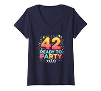 42 e Ready to Party Compleanno Celebrazione Maglietta con Collo a V, Donna, Navy, XL