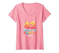 42 e Ready to Party Compleanno Celebrazione Maglietta con Collo a V, Donna, Rosa, XL