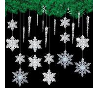 42 PZ Fiocchi di Neve in Cristallo Acrilico 20 PZ Fiocchi di Neve Decorazione per Albero di Natale con 20 PZ Albero di Natale Ghiacciolo e 2 Filo per Braccialetti Elastico Decorazioni Natalizie