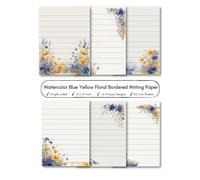 42 Sheets Watercolor Blue Yellow Floral Bordered Writing Paper: Stationery Letterhead Stylish Paper, Personalised Invitations: Beautiful Stationery ... for Wedding Event, 6 designs, 8.5 x 11"