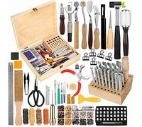 424 Pcs Leather Crafting Kit, Leather Working Tools and Supplies, Leather Craft Kits with Instructions, Leather Sewing Kit, Leather Tool Holder, Wooden Storage Box, Leather Stamping Set