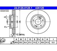 Disco freno ATE 24.0126-0128.1 anteriore, ventilato, altamente carbonizzato, 1 Pezzo