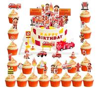 42Pezzi Topper Torta Antincendio dei Pompieri in Cartone, Happy Birthday Decorazione Muffin dei Vigili del Fuoco di Buon Compleanno, Topper Torta Camion dei Pompieri per Bambini Ragazzi Festa