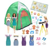43 pezzi set di abbigliamento da campeggio compatibili con Barbie, accessori per bambole da 29,2 cm: 1 tenda per bambole, 4 vestiti, 4 scarpe, 4 cuccioli, 7 animali domestici, 1 accessorio binocolo