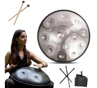 432Hz Strumento Handpan - 9/10/12 Note Steel Tongue Drum - 55cm Hand Pan Drum con Supporto per Battenti per la Guarigione del Suono，Strumento a percussione Professionale Handpan in Acciaio(Silver,12No
