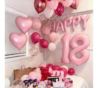 44 pezzi Set di decorazioni per il compleanno rosa | Striscione "Buon Compleanno" + Palloncini a forma di cuore in lamina | Palloncini in lattice rosa acceso + rosa macaron + bianco + oro rosa metalli