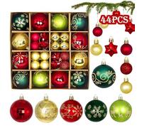44pcs Baubles di Natale Rosso Verde Oro Set, Ø6/4.3/3cm Deco con Gancio, Albero di Natale in Plastica per Festa e Regali