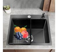 45x40x20 cm, lavello da cucina in acciaio inossidabile, lavello a vasca singola con filtro, tubo di scarico, cestello di scarico, per cucina ristorante, nero