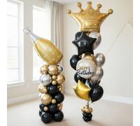 47 pezzi Set di palloncini di lusso a tema regina - Palloncini a forma di corona gigante e bottiglia di champagne in lamina, palloncini in stelle nere e oro da 18", palloncino tondo in lamina "Buon co