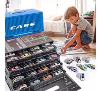 48 Mini Pull-Back Cars with Built-in Garage Set, Alloy Racing Car Toys with Simulation Looping Tracks Storage Box, Friction Powered Mini Cars for Teenager (Blue)