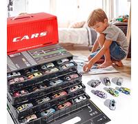 48 Mini Pull-Back Cars with Built-in Garage Set, Alloy Racing Car Toys with Simulation Looping Tracks Storage Box, Friction Powered Mini Cars for Teenager (Red)