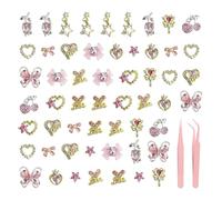 48 Pezzi Di Gioielli Per Unghie In Resina, 2 Pinzette In Acciaio Inossidabile Rosa, Decorazioni Per Unghie Colorate, Gioielli D'Amore A Stella A Cinque Punte, Pinzette Forate A Mano.