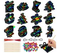48 Pezzi Scratch Art Bambini, Scratch Art Natale, Magic Carta da Grattare, Scratch Paper Rainbow con Nastro, Spago, Campana e Penna di Bambù per Decorazioni Festive