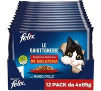 48 Pz 85g Purina Felix Le Ghiottonerie Cibo Umido per Gatti con MANZO e POLLO