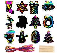 48 Pz Scratch Art Bambini Natale Fogli Neri da Grattare Cartoncini Disegno Pensierini Gadget Regalini Natalizi con 48 Corde Colorate 12pz Stilo Legno
