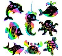 48 scratch Carte a grattare animali marini bambini art colorate con corde e stilo in legno fogli arcobaleno scratch per decorazioni festa, lavoretti creativi, scuola e regalo bambini 8 animali