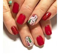 48 unghie finte finte con ciliegie, per albero di Natale, corte, quadrate, a pressione