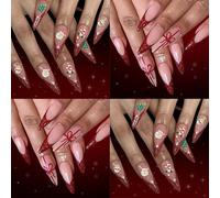 48PCS Natale Francese Glitter Press On Nails Vino Rosso Fiocco di Neve Design ABS Unghie Finte Vacanza Donne Rosso Glitter Punta Francese Unghie