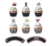 48pz Set Decorazioni per Torte a Forma di Auto Corsa, Include 24 Bandiere a Scacchi Bianche e Nere Bordi Cupcake e 24 Decorazioni Torte Tema Corse per Feste di Compleanno Ragazzi Ragazze