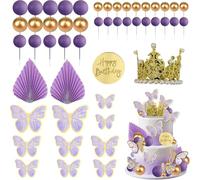 49 decorazioni per torte a forma di farfalla, mini corone in plastica dorate 3D, decorazioni dorate "Happy Birthday", set di palline in schiuma dorate, decorazioni per torte