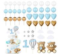 49 Pezzi Topper per Torta Blu Set, Topper per Torta per il 1anno Compleanno Della Ragazzo, Decorazione per Torte con Orsacchiotto per Matrimoni, Baby Shower e Feste di Compleanno