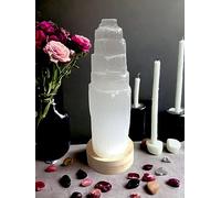 4All Selenite - Lampada a LED con luce bianca a LED, fatta a mano, energia spirituale e guarigione, meditazione, decorazione per la casa, lampada da tavolo con base in legno minerale (30 cm)