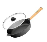 4BIG.fun Ø28cm, padella in ghisa, altezza 70mm, manico in legno rimovibile, coperchio in vetro, tegame tondo, adatta per barbecue a gas, forno, focolare a induzione e tutti i piani cottura