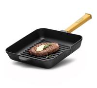 4BIG.fun Bistecchiera 28 cm con manico in legno | Bistecchiera in ghisa | Padella adatta per barbecue a gas, forno, focolare, tutti i piani cottura incl. induzione