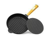 4BIG.fun Bistecchiera da 24 cm Con Coperchio Pressato, Padella Rotonda in Ghisa Con Pressa per Barbecue a Gas, Forno, Focolare, Tutti i Piani Cottura