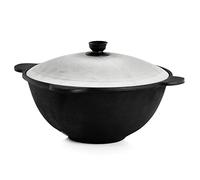 4BIG.fun Kazan - Pentola in ghisa 3,5 l, con coperchio in alluminio, fondo piatto, Uzbek NAMANGAN Kazan Uzbeko Asia WOK in ghisa