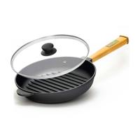 4BIG.fun Padella Ø 24 cm in ghisa con coperchio in vetro a induzione, manico in legno
