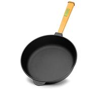 4BIG.fun Padella in ghisa alta 28 cm x alta 70 mm con manico in legno - Multifunzionale, adatta per barbecue a gas, forni, focolari e tutti i piani cottura a induzione