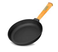 4BIG.fun Padella in ghisa, diametro 20 cm, altezza 39 mm, con manico in legno, adatta per barbecue a gas, forno, focolare e tutti i piani cottura, con induzione